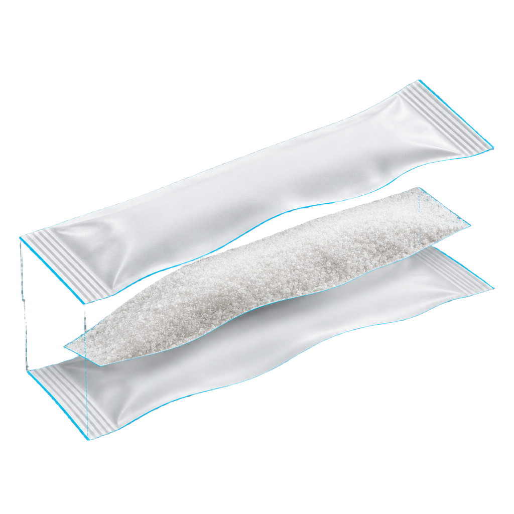Exploded sectional illustration of a white portion pouch and its contents